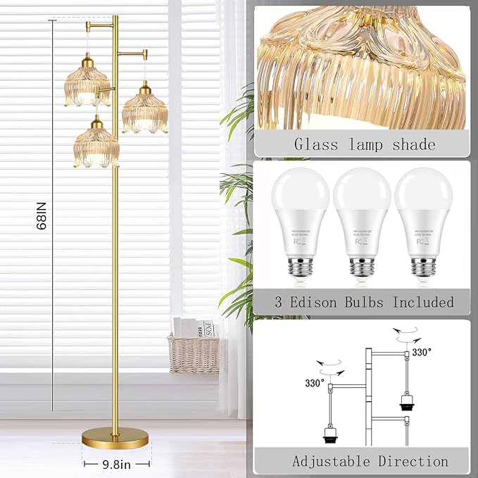ZECOXOL Gold Floor Lamps for Living Room 3 Lights Floor Lamp with Glass Lampshape & Three Led Bulb,Mid Century Standing Lamp Vintage Brass Tall Lamp Tree Floor Lamp for Bedroom Corner