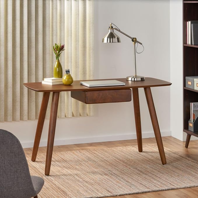 Hassyee Mid-Century Modern Style Writing Desk with Large Drawers, Computer Study Desk with Solid Rubberwood Legs for Home Office Workspace or Entryway (Walnut)