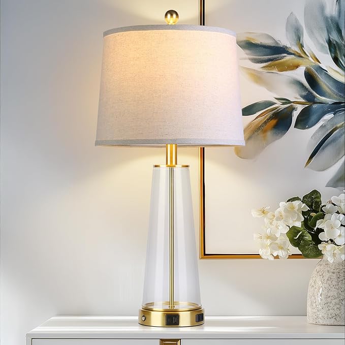 26" Glass Table Lamp Set of 2 with USB C+A Ports and AC Outlet, 3 Way Touch Modern Bedside Lamps for Night Stands, Gold Nightstand Lamps for Bedroom Living Room