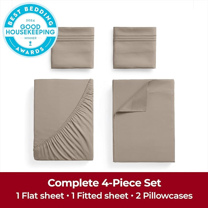Mellanni Extra Deep Queen Sheets - 4 PC Iconic Collection Bedding - Hotel Luxury, Ultra Soft, Cooling Bed Sheets - Wrinkle, Fade, Stain Resistant (Queen, Tan)