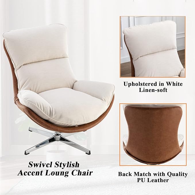 DUOMAY Swivel Accent Chair Set of 2, Modern Linen Soft Foam Lounge Chair with High Back, Comfy Rocker Chair for Living Room Bedroom Reading Room Office, Tilt & Swivel, Chrome Base, Beige