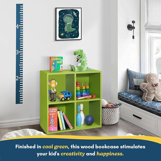 Kings Brand Furniture George 4-Cube Storage Organizer, 2-Tier Bookcase with Wood Shelves for Living Room, Bedroom, Nursery, or Home Office (Green, 2-Pack)