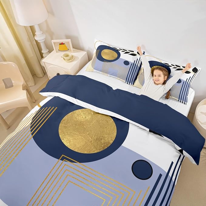 Erosebridal Boho Mid Century Queen Comforter Cover Blue Neutral Modern Duvet Cover Geometric Abstract Bed Set Minimalist Aesthetic Bedding Set