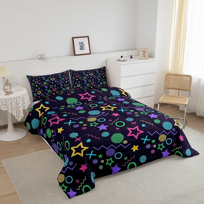 Manfei Memphis Comforter Set King Size, Colorful Geometric Vintage Style Quilt Set with 2 Pillowcases, 80s 90s Fashion Style Bedding Set 3pcs for Kids Boys Girls Lightweight Duvet Insert