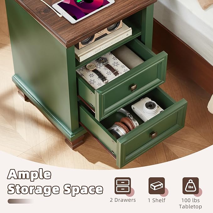 Farmhouse Nightstand Set of 2 with Charging Station, Rustic Green Nightstand,2 Drawers End Table for Living Room,Bedside Table with Open Shelf for Bed Room,Green