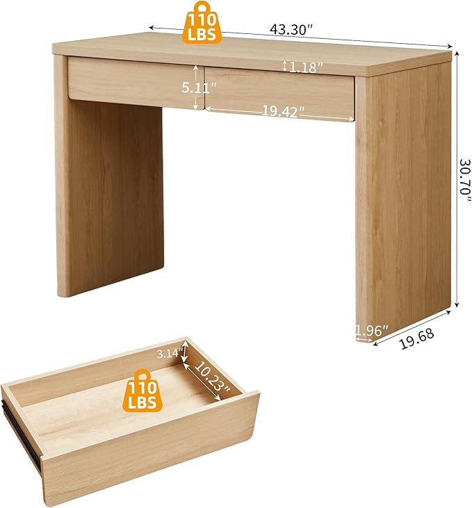 43 Inch Small Computer Desk with 2 Drawers, Mid Century Modern Writing Study Table for Home Office, Vintage PC Work Desk with Storage for Bedroom Small Spaces, Easy Assembly, MDF - Natural