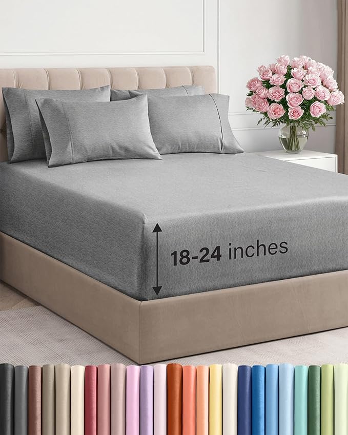 Extra Deep Cal King Sheet Set - 6 Piece Breathable and Cooling Sheets - Hotel Luxury Bedding for Women, Men, Kids & Teens - Easy Secure Fit - Soft & Wrinkle Free - Extra Deep Pockets - Heathered Grey