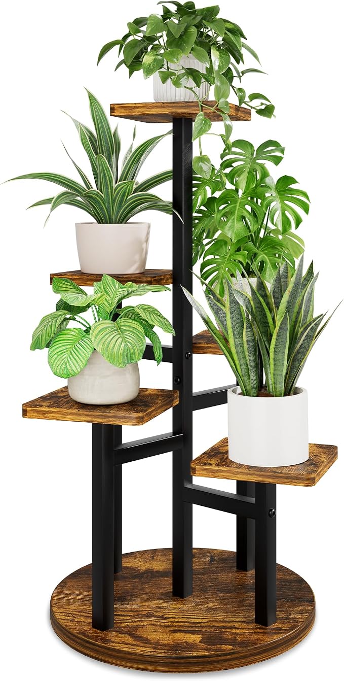 5 Tier Wood Plant Stand Indoor Outdoor, Wood Tall Plant Rack, Heavy Duty Wrought Iron Flower Pot Stand, Planter Display Rack for Living Room Balcony Garden Patio - BlackSquare