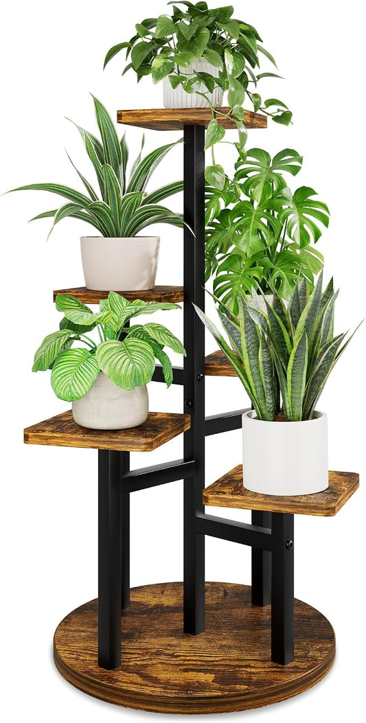 5 Tier Wood Plant Stand Indoor Outdoor, Wood Tall Plant Rack, Heavy Duty Wrought Iron Flower Pot Stand, Planter Display Rack for Living Room Balcony Garden Patio - BlackSquare