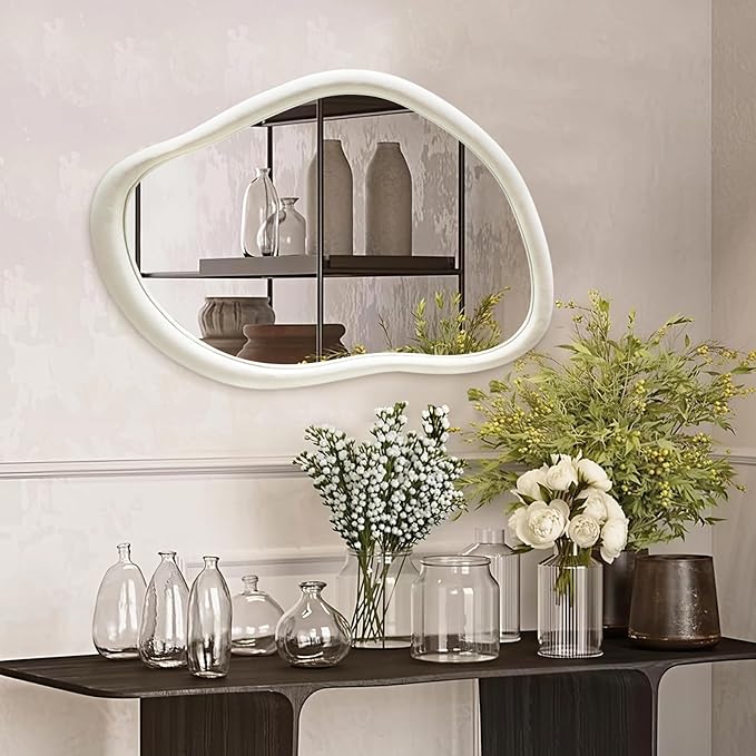 Irregular Wall Mirror Asymmetrical Mirror, 35"x24" Flannel Wrapped Wood Vanity Mirror, Decorative Wave Mirrors for Living Room Bathroom Entryway, Horizontal/Vertical, Ivory