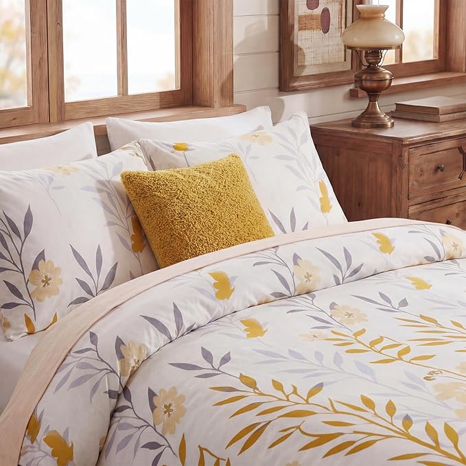 100% Cotton Duvet Cover Set Queen Size, Yellow Floral Bedding Set 3 Pcs Reversible Lightweight Comforter Cover for All Season(Queen, Yellow Botanical)