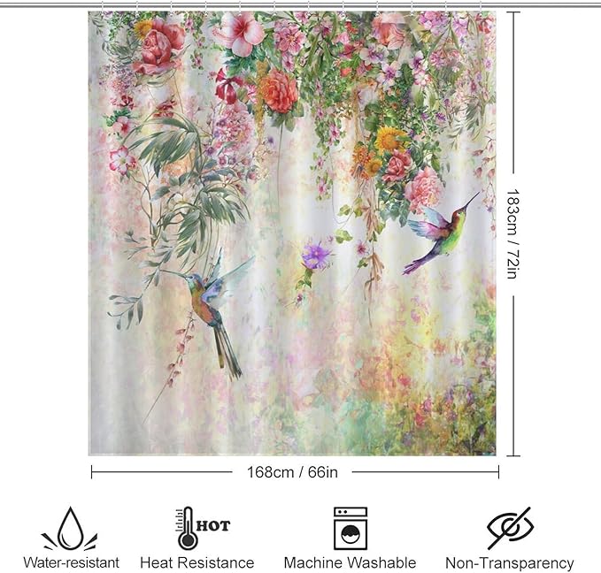 Watercolor Flowers Hummingbird Shower Curtain,Watercolor Floral with Tropical Flower Bird Butterfly Spring And Summer Waterproof Shower Curtains for Bathroom Decor 12 Pack Hooks 66x72in（168x183cm）