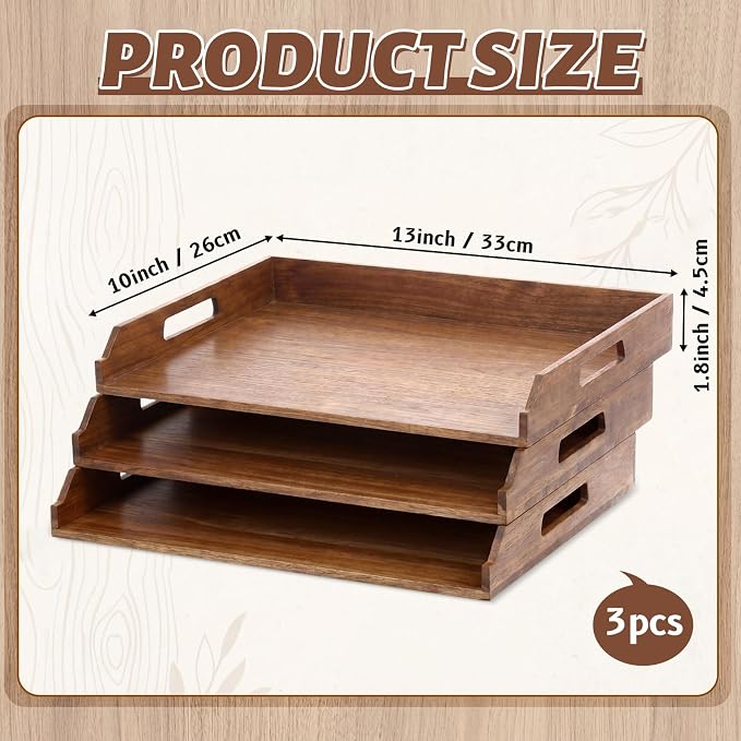 AceOrbit 3 Pcs Stackable Paper Tray Acacia Wood Desk Organizer Letter Tray 3 Tier Wooden File Organizer Desk Shelf for Documents, Letter Sorter, Envelopes and Magazine Holder