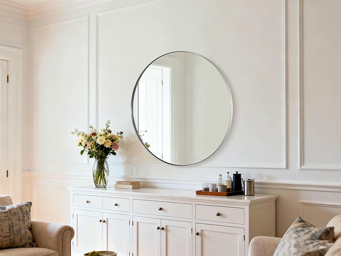 ANDY STAR 36" Chrome Round Mirror, Round Chrome Mirror, Polished Silver Large Vanity Mirror Metal Framed for Living Room, Dining Room, Fireplace