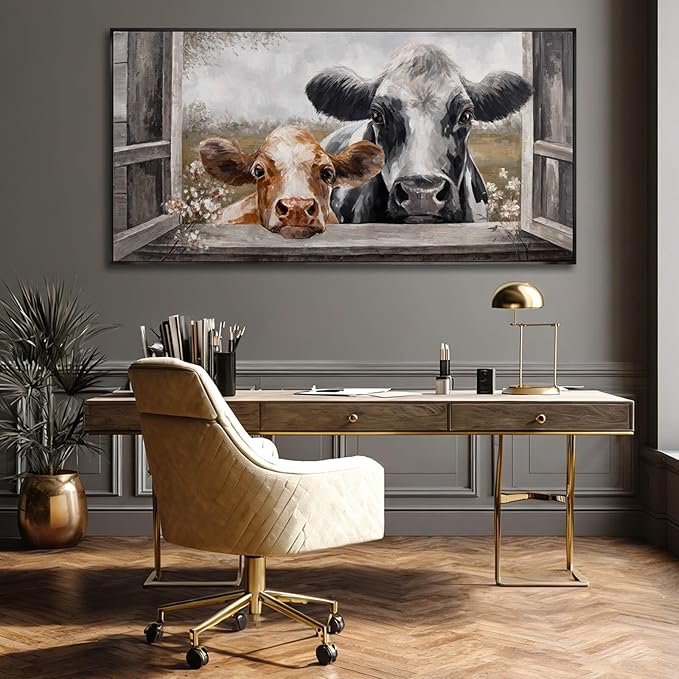 Modern Framed Wall Decor Cow Wall Art Grey and Brown Picture Prints 29"x58" Decorations for Bedroom Posters for Living Room