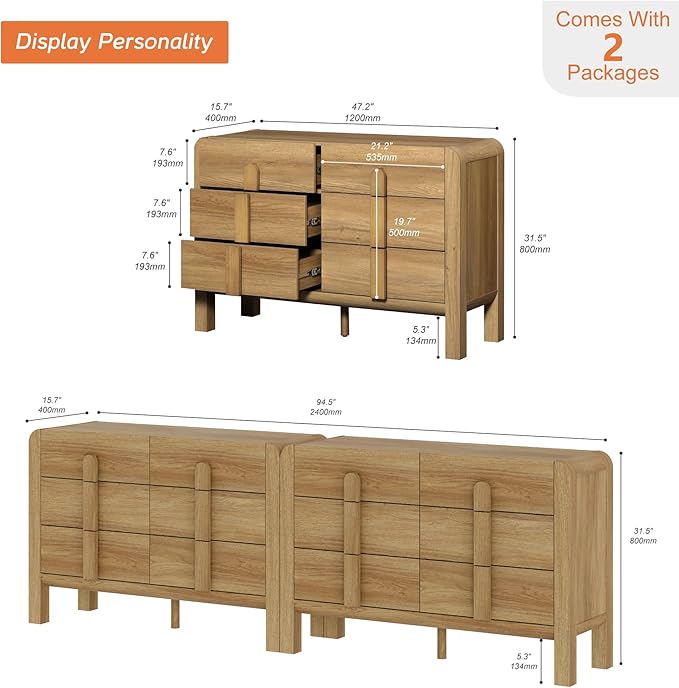WAMPAT 94.4" W Buffet Cabinet with 12 Drawers, Modern Sideboard Buffet Cabinet with Storage, Buffet Table Coffee Bar Wine Bar Storage Cabinet for Dining Room, Living Room, Hallway, Light Walnut