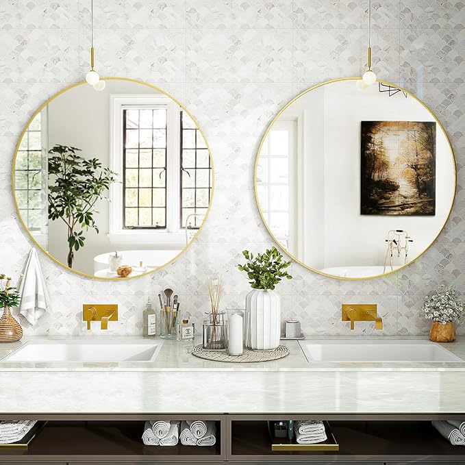 VooBang Gold Round Mirror - 16" Circle Wall Mirror with Simple Metal Frame, Modern for Bathroom, Bedroom, Entryway