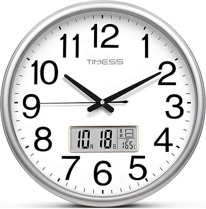 TIMESS Wall Clock, 11 Inch Non-Ticking Silent Battery Operated Quartz Analog with LCD Display for Perpetual Calendar and F° Temperature, Ideal Modern Home, Bedroom, Kitchen, Office Décor (Sliver)