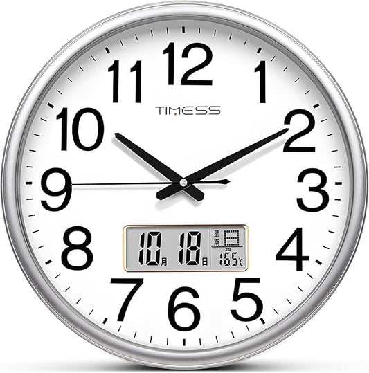 TIMESS Wall Clock, 11 Inch Non-Ticking Silent Battery Operated Quartz Analog with LCD Display for Perpetual Calendar and F° Temperature, Ideal Modern Home, Bedroom, Kitchen, Office Décor (Sliver)