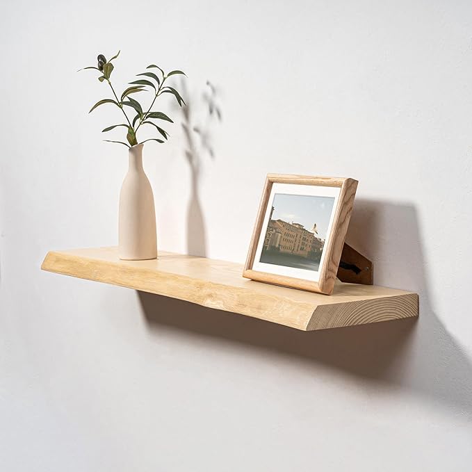 Axeman 36" Solid Wood Floating Shelves for Wall Decor, USA-Sourced Rustic Ash Wood Live Edge Shelf with Upgraded Heavy Invisible Bracket, Wall Mounted Shelf for Kitchen Bathroom Living Room, Natural