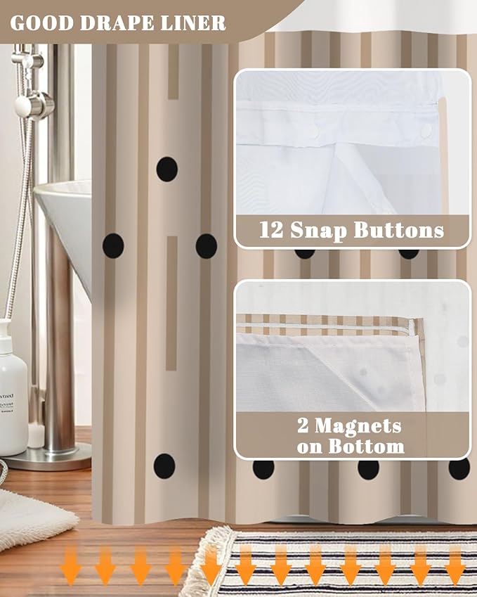 No Hook Shower Curtain with Snap in Liner, Modern Minimalist Geometric Print Waterproof Double Layer Bath Tub Curtain with See Through Top, Bathroom Shower Curtain and Liner Set, 71W x 74H
