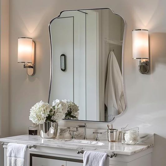 ANDY STAR 24"x36" Brushed Nickel Mirror, Scalloped Bathroom Wall Mirror with Metal Frame for Vanity, Vintage Notched Edges Design Ideal for Entryway, Living Room & Bedroom Decor