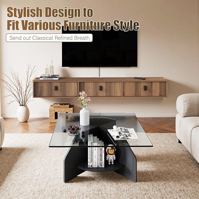 Solid Wood Floating TV Shelf, 71'' Wall Mounted TV Cabinet, Floating Shelves with 3 Doors, Wooden Mid-Century Entertainment Media Console Center Large Storage Under TV (Walnut)