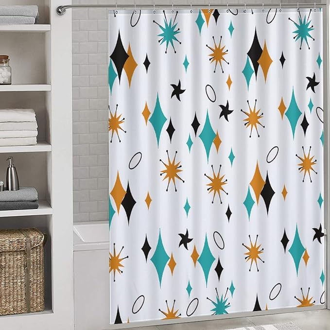 Mid Century Shower Curtain for Bathroom, Vintage Teal Orange Abstract Geometric Atomic Iconic Modern Retro 1950s 1960s Rustic Waterproof Fabric Shower Curtain Set with Hooks, 72"x78"