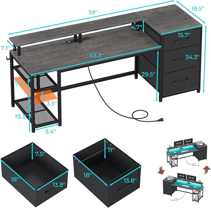 SEDETA 59" Office Desk with File Drawers, Reversible Computer Gaming Desk with Storage, LED Lights & Power Outlet, Home Office Desks for Printer, Grey