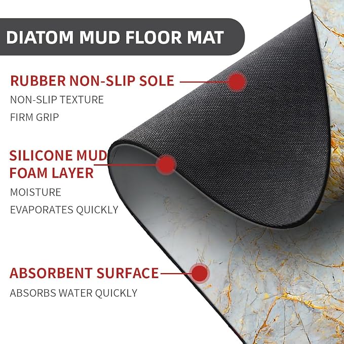 Diatomaceous Earth Bath Mat,Blue, White and Gold Marble Non-Slip Volume Super Absorbent Fast Drying for Bathroom Kitchen Door mat,Eco-Friendly Easy to Clean 20×31Inch (50 * 80cm)