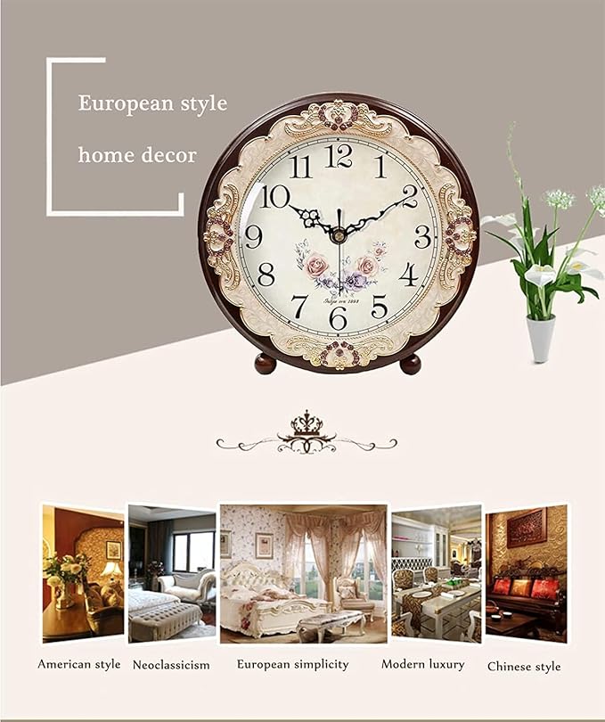 Justup Vintage Wooden Table Clock, Retro Non-Ticking European Style Beside Mantle Desk Clock Battery Operated Silent Quartz Movement for Bedroom Living Room Indoor Decor (Purple)