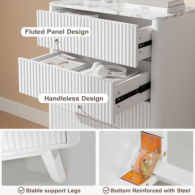 Fluted 5 Drawers Dresser for Bedroom, 47" Tall Handleless Chest of Drawers with Faux Marble Top, Curved Profile Design, Wood Drawer Organizerfor forLiving Room, Hallway, Entryway, White