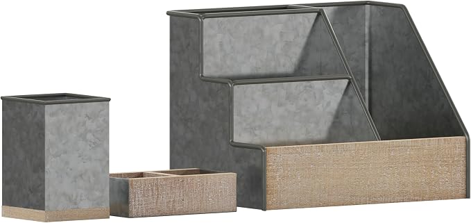 Merrick Lane Cecil 3 Piece Metal and Wood Organizer Set - Galvanized Metal and Rustic Wood - For Desktop, Countertop, or Vanity