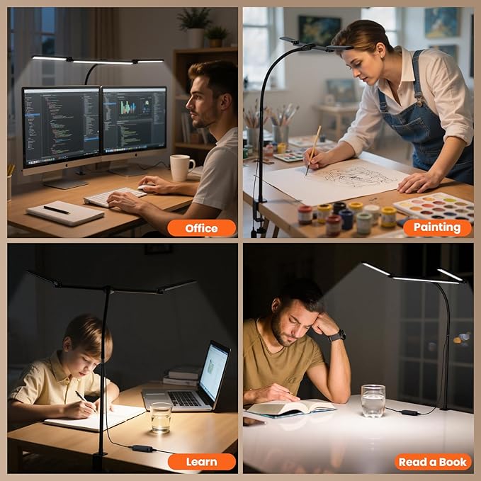 LED Desk Lamp for Office Home, 3 Head Adjustable Computer Monitor light Bar Stepless Dimming, Eye Caring Architect Desk Lamp Table Lamp Clip on Desk Light with Clamp for Reading Study Workbench Black