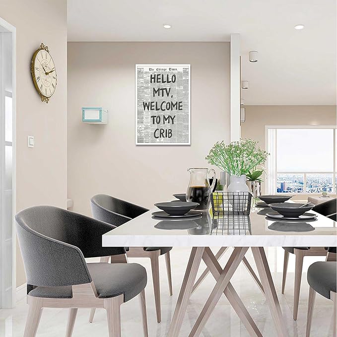 Drimiler Hello Mtv Welcome To My Crib Poster Vintage Black And White Newspaper Canvas Wall Art Positive Affirming 70'S Room Aesthetic Prints Painting For Home Bedroom Dorm Wall Decor 16x24in Unframed