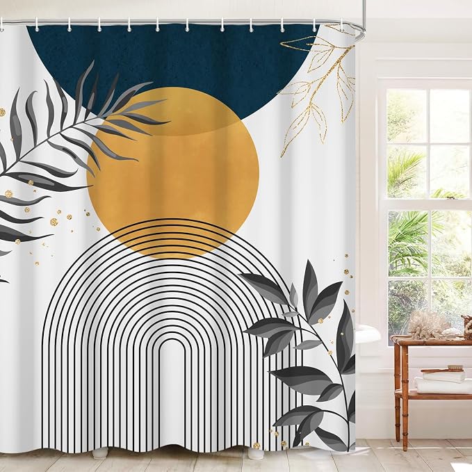 Boho Mid Century Shower Curtain, Orange Blue Modern Minimalist Abstract Geometric Gold Plant Leaves Arch Bathroom Curtains Waterproof Fabric Buthtub Curtain Set with Hooks 36" Wx72 L