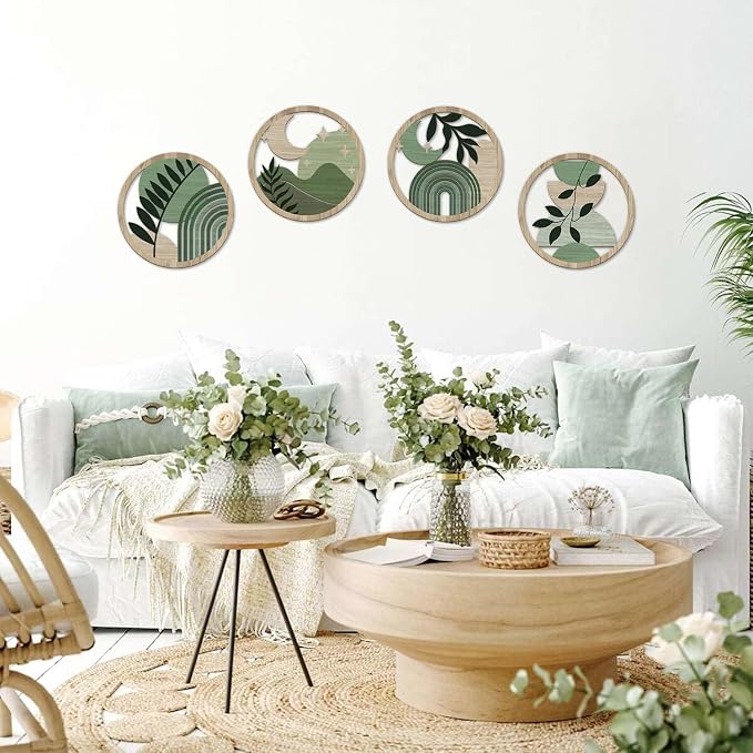 TOARTi 4PCS Green Botanical Wooden Wall Art Bohemian Hanging Art Farmhouse Geometric Wooden Wall Decor Aesthetic Plants Artwork Boho Minimalist Wall Decor for Bedroom Living Room