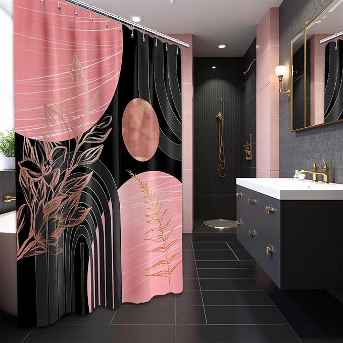 Black and Pink Shower Curtain Boho Mid Century Dark Pink and Gray Shower Curtains for Bathroom Decor, Waterproof Cloth Fabric with Hooks, 70" W x 84" L