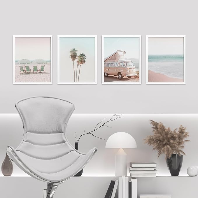 SIGNWIN Framed Collage Print Gallery Set 1980s Retro Miami Wall Art, Set of 4 Beach Landscape Wall Decor Prints, Nature Wilderness Wall Décor for Living Room, Bedroom - 11"x14" White