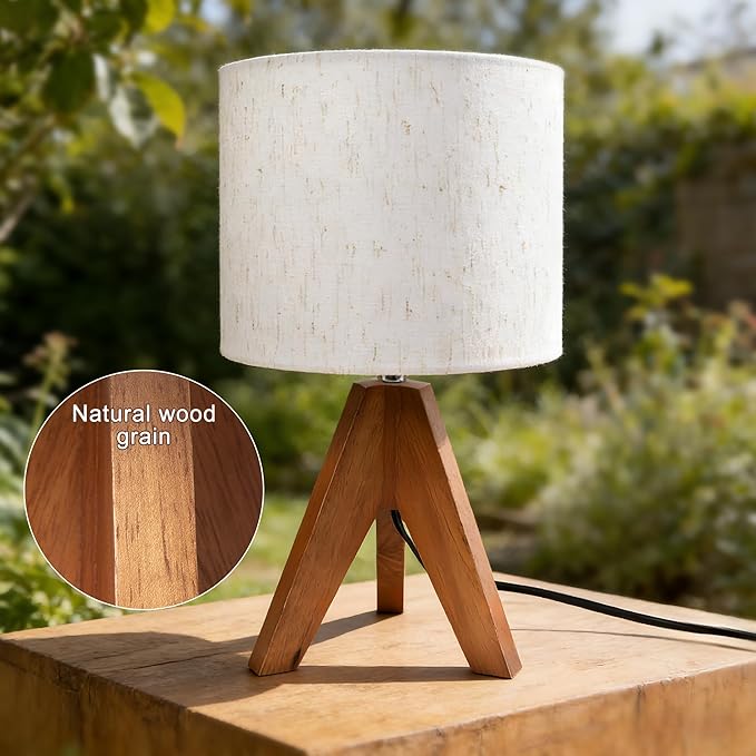 Table Lamp, Small Side Table lamp with Linen Shade, Bedside Lamps for Living Room, Bedroom, Night Stands, Nursery, Kids Room, Wood Base, E26 Socket, 14.2 Inch（1pcs）