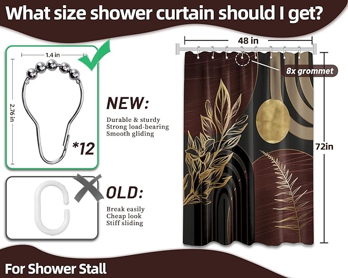 Dark Brown and Black Shower Curtain Boho Mid Century Gold and Brown Shower Curtains for Bathroom Decor, Waterproof Cloth Fabric with Hooks, 48" W x 72" L