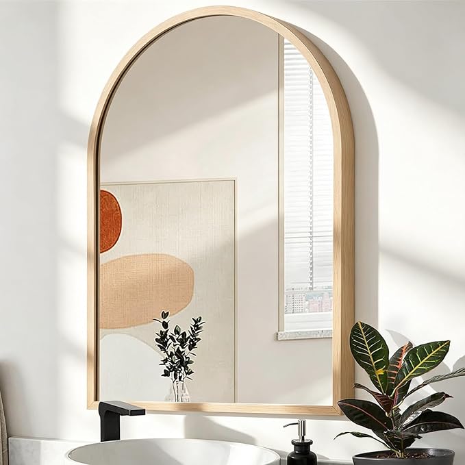 Arched Wall Mirror Aluminum Alloy Frame Bathroom Mirror Brushed Metal Vanity Wall Mounted Mirror for LivingRoom Bedroom Entryway 26"x18"