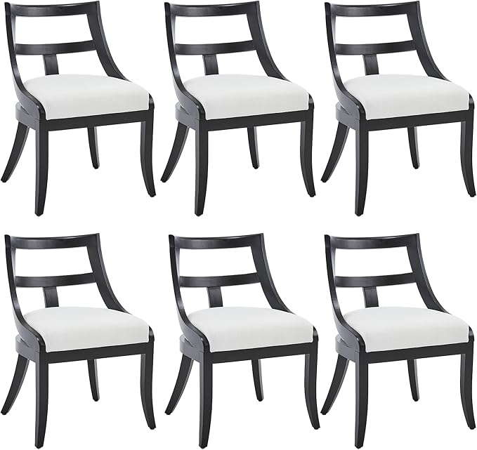 Modern Farmhouse Dining Chairs Set of 6 Mid Century Upholstered Dining Chair with Wooden Curved Back Kitchen Chairs for Dining Room Restaurant Cafe, Black-Linen Beige