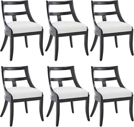 Modern Farmhouse Dining Chairs Set of 6 Mid Century Upholstered Dining Chair with Wooden Curved Back Kitchen Chairs for Dining Room Restaurant Cafe, Black-Linen Beige