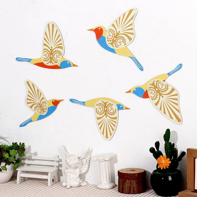 KOYILTD 5 Piece Bird Wood Wall Sculptures Wooden Wall Art Decor Scandinavian Home Decorations Flying Bird Wall Decor Farmhouse Wall Art for Home Living Room Bathroom Dining Room (Multicolor)