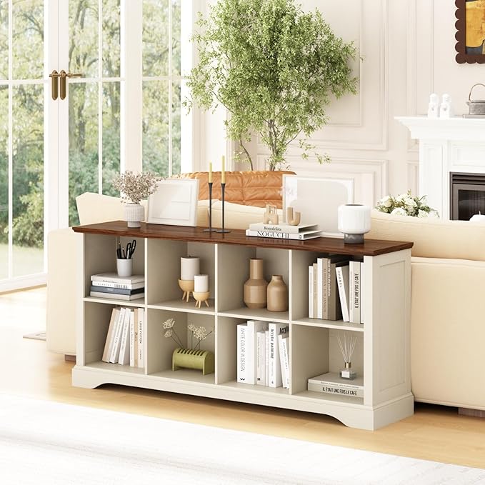 8 Cube Storage Organizer - 62" Long Farmhouse Wood Low Bookshelf, Horizontal Open Shelf Bookcase Cubby Storage Console Cabinet for Living Room, Entryway, Office, Antique White