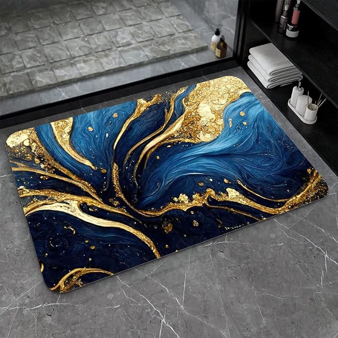 Diatomaceous Earth Bath Mat,Blue and Gold Marble Texture Non-Slip Volume Super Absorbent Fast Drying for Bathroom Kitchen Door mat,Eco-Friendly Easy to Clean 16×24Inch (40 * 60cm)