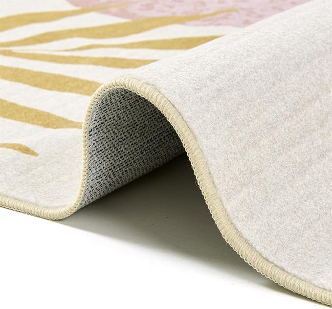 RoomTalks Cute Pink Nuresry Rug Washable, Boho Modern Contemporary Aesthetic 5x7 Area Rugs for Bedroom Dining Living Room Dorm, Abstract Art Tropical Leaves Thin Indoor Entryway Rug Carpet