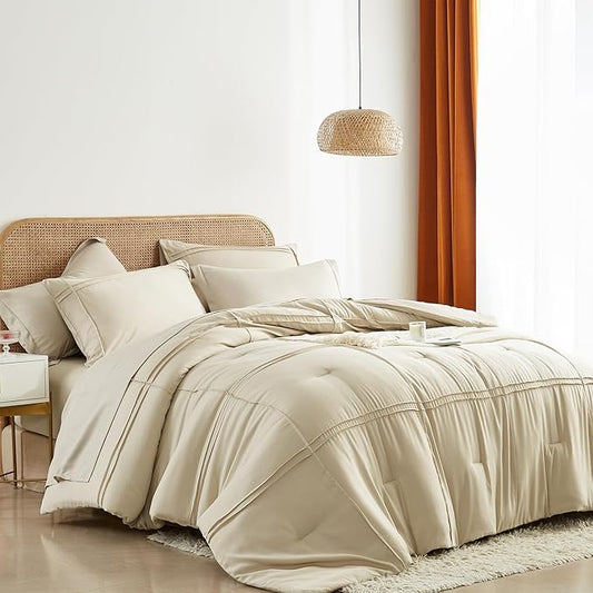 Yogeneg Full Size Comforter Set 7 Piece Bed in a Bag,Grid Pinch Pleat Beige Bedding Set,Striped Textured Soft Microfiber Comforter with Sheet Set,All Season Complete Bed Set(Beige,Full)