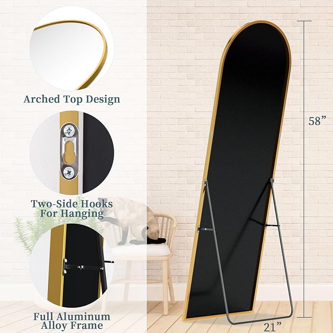 Full Length Mirror, 58"x21" Arched Full Body Mirror, Large Stand Up Aluminum Frame Floor Freestanding Hanging Leaning Mounted for Bedroom Living Room Entryway Gold